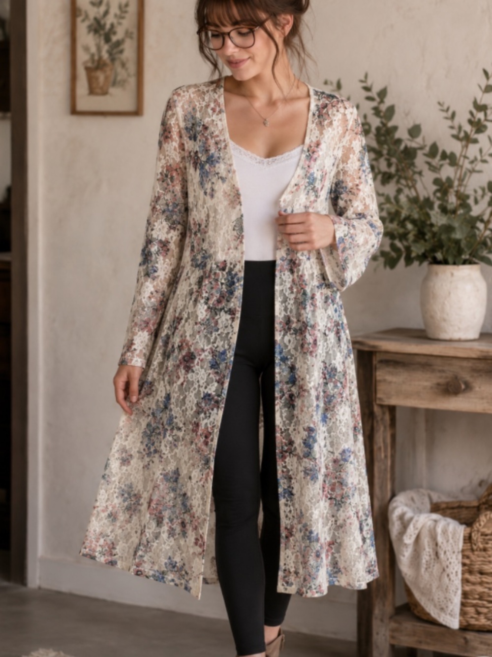 EN CRÈME Floral Lace Midi Duster Cardigan Coverup - Picture 2 of 12